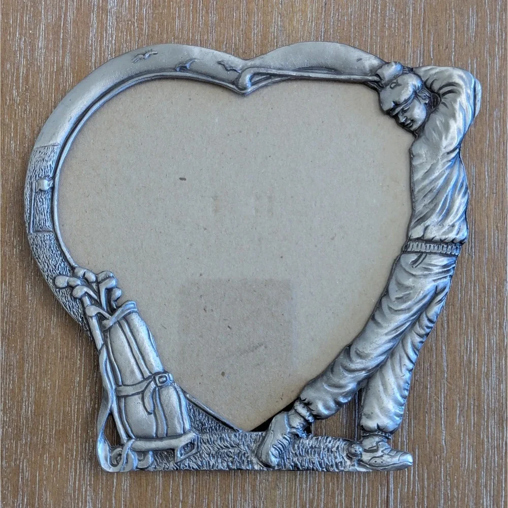 Pewter Picture Frame Golf Theme Silver Tabletop Decor Holds 4.5 x 4.5 in Picture